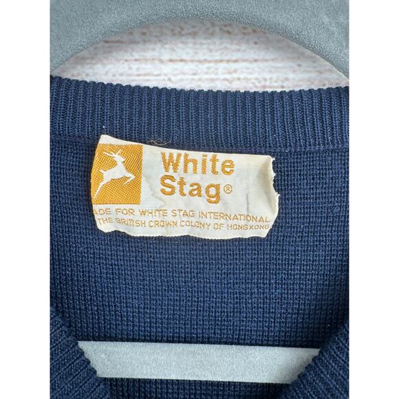 Vintage 70's White Stag Striped Crewneck Sweater Mens XL Navy Blue Cream Brown - Picture 3 of 6